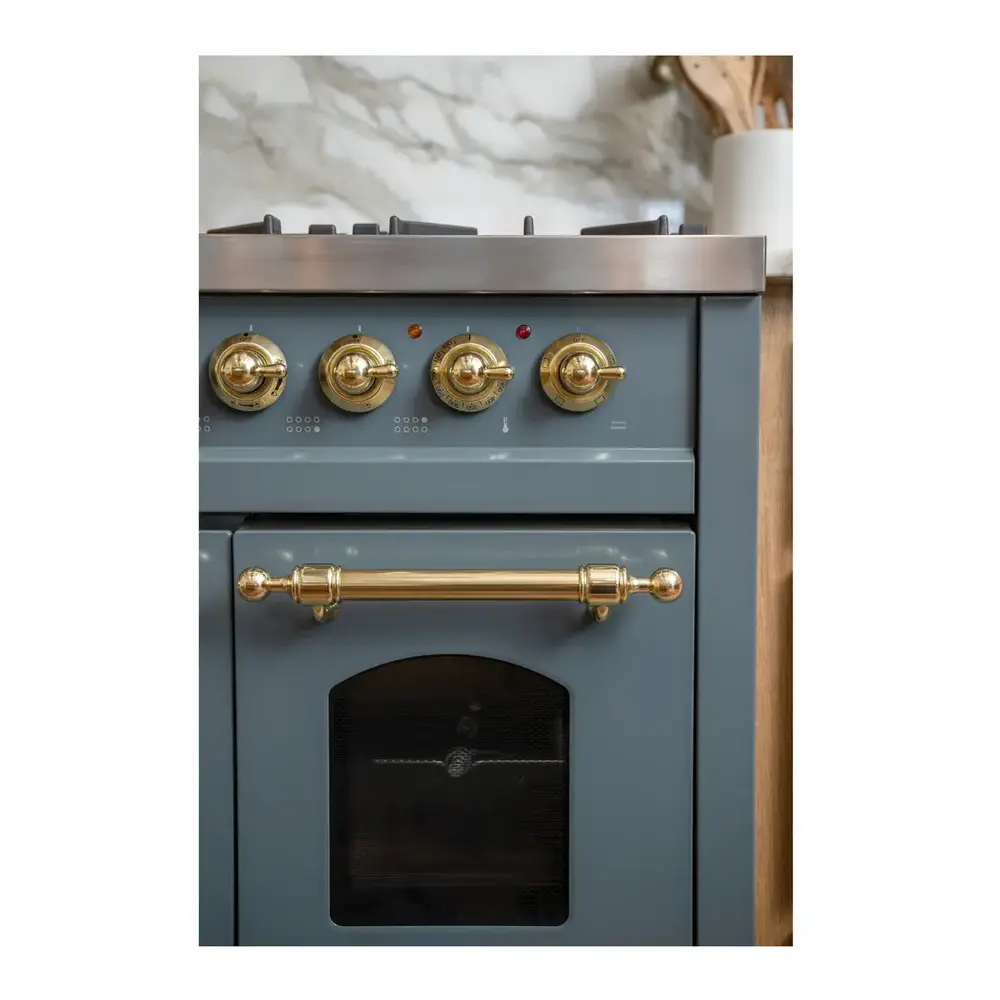 ILVE UP48FNMPBGGLP Nostalgie II 48 inch Dual Fuel Range with 5.02 cu. ft. Total Double Oven Capacity (8 Sealed Burners + Griddle, Liquid Propane, Triple Glass Door, Blue Grey, Brass) 11 ILVE UP48F Nostalgie II 48 inch Dual Fuel Range