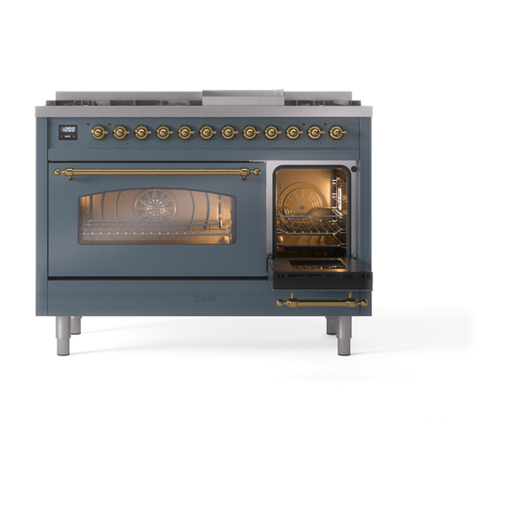 ILVE_UP48FNMPBGGLP_Nostalgie_II_48"_Dual_Fuel_Range_side_oven_door_opened