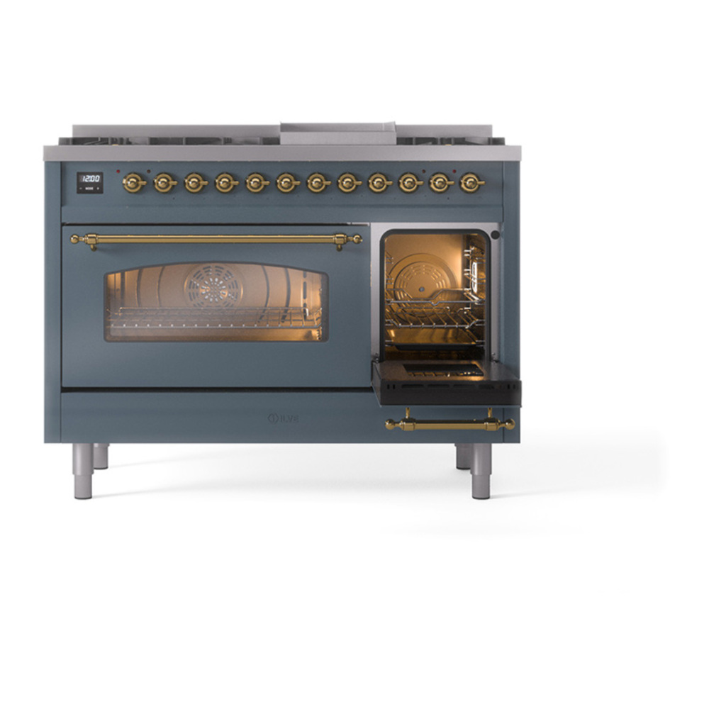 ILVE UP48FNMPBGGLP Nostalgie II 48 inch Dual Fuel Range with 5.02 cu. ft. Total Double Oven Capacity (8 Sealed Burners + Griddle, Liquid Propane, Triple Glass Door, Blue Grey, Brass) 17 ILVE_UP48FNMPBGGLP_Nostalgie_II_48"_Dual_Fuel_Range_side_oven_door_opened