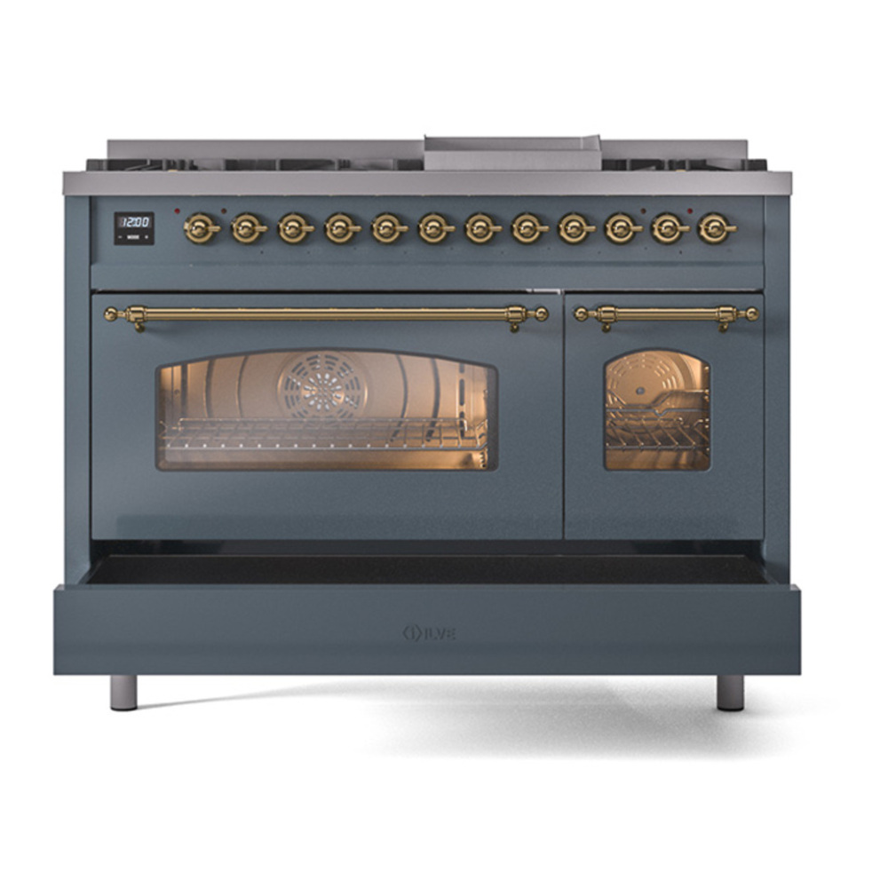 ILVE UP48FNMPBGGLP Nostalgie II 48 inch Dual Fuel Range with 5.02 cu. ft. Total Double Oven Capacity (8 Sealed Burners + Griddle, Liquid Propane, Triple Glass Door, Blue Grey, Brass) 18 ILVE_UP48FNMPBGGLP_Nostalgie_II_48"_Dual_Fuel_Range_drawer_opened