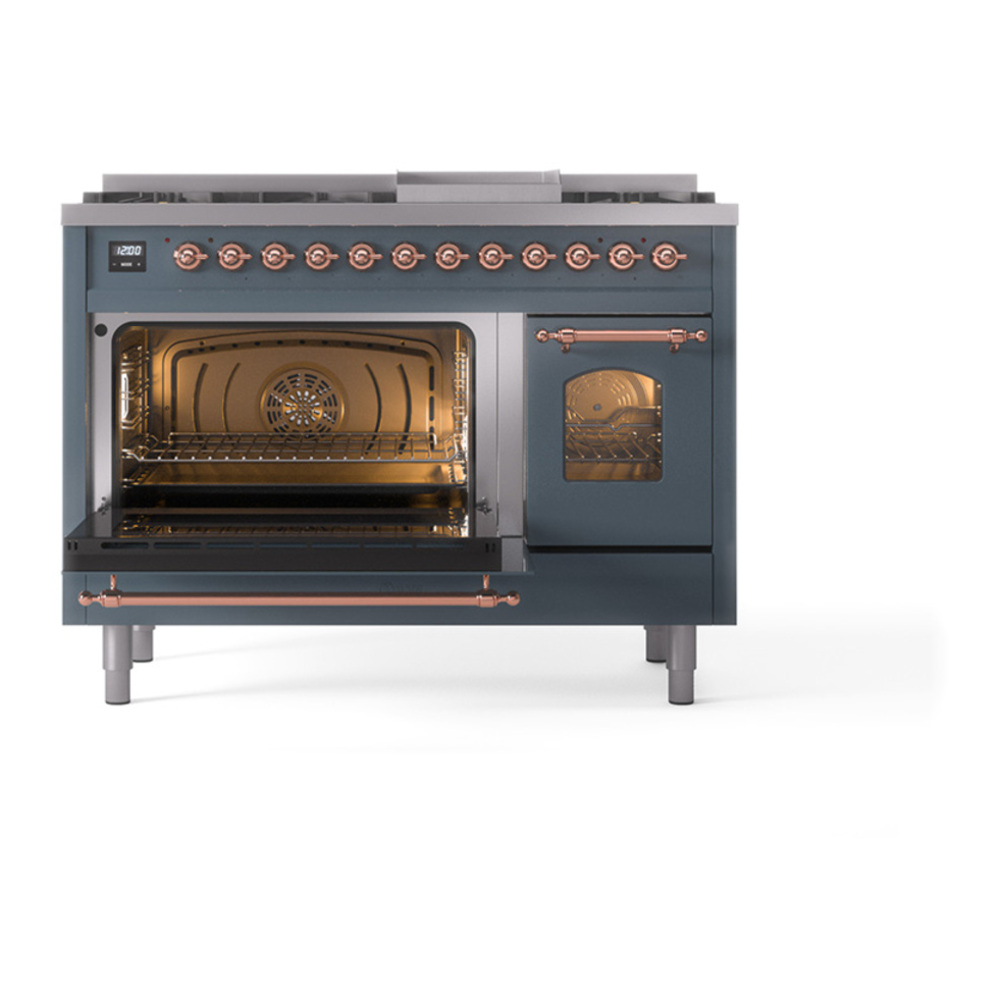 ILVE UP48FNMPBGPLP Nostalgie II 48 inch Dual Fuel Range with 5.02 cu. ft. Total Double Oven Capacity (8 Sealed Burners + Griddle, Liquid Propane, Triple Glass Door, Blue Grey, Copper) 6 ILVE_UP48FNMPBGPLP_Nostalgie_II_48"_Dual_Fuel_Range_main_oven_door_opened