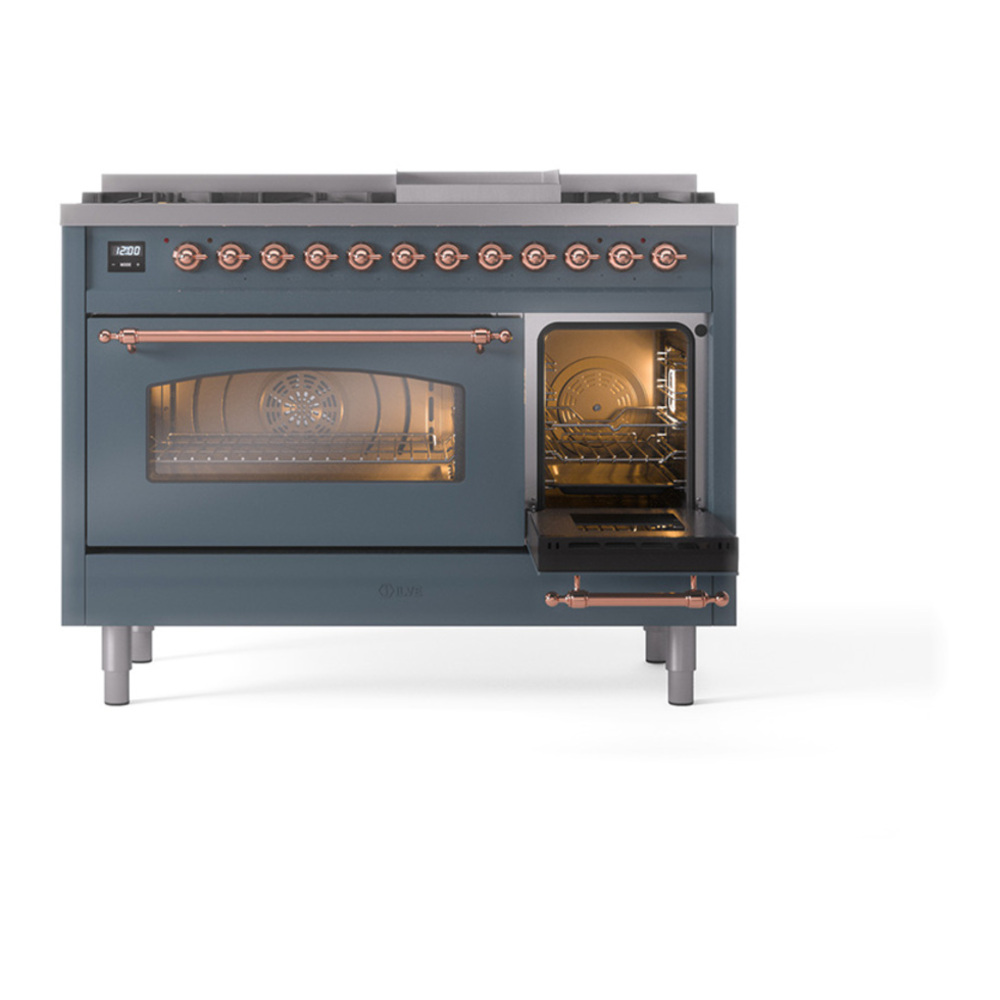 ILVE UP48FNMPBGPLP Nostalgie II 48 inch Dual Fuel Range with 5.02 cu. ft. Total Double Oven Capacity (8 Sealed Burners + Griddle, Liquid Propane, Triple Glass Door, Blue Grey, Copper) 7 ILVE_UP48FNMPBGPLP_Nostalgie_II_48"_Dual_Fuel_Range_side_oven_door_opened