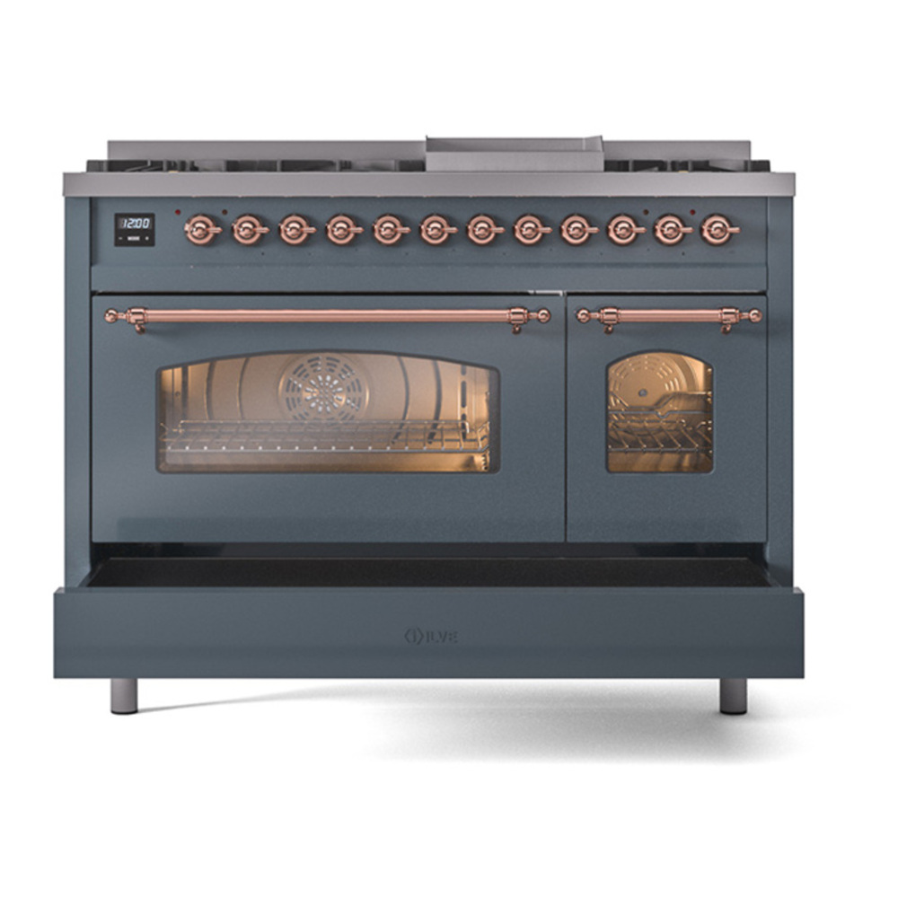 ILVE UP48FNMPBGPLP Nostalgie II 48 inch Dual Fuel Range with 5.02 cu. ft. Total Double Oven Capacity (8 Sealed Burners + Griddle, Liquid Propane, Triple Glass Door, Blue Grey, Copper) 8 ILVE_UP48FNMPBGPLP_Nostalgie_II_48"_Dual_Fuel_Range_drawer_opened