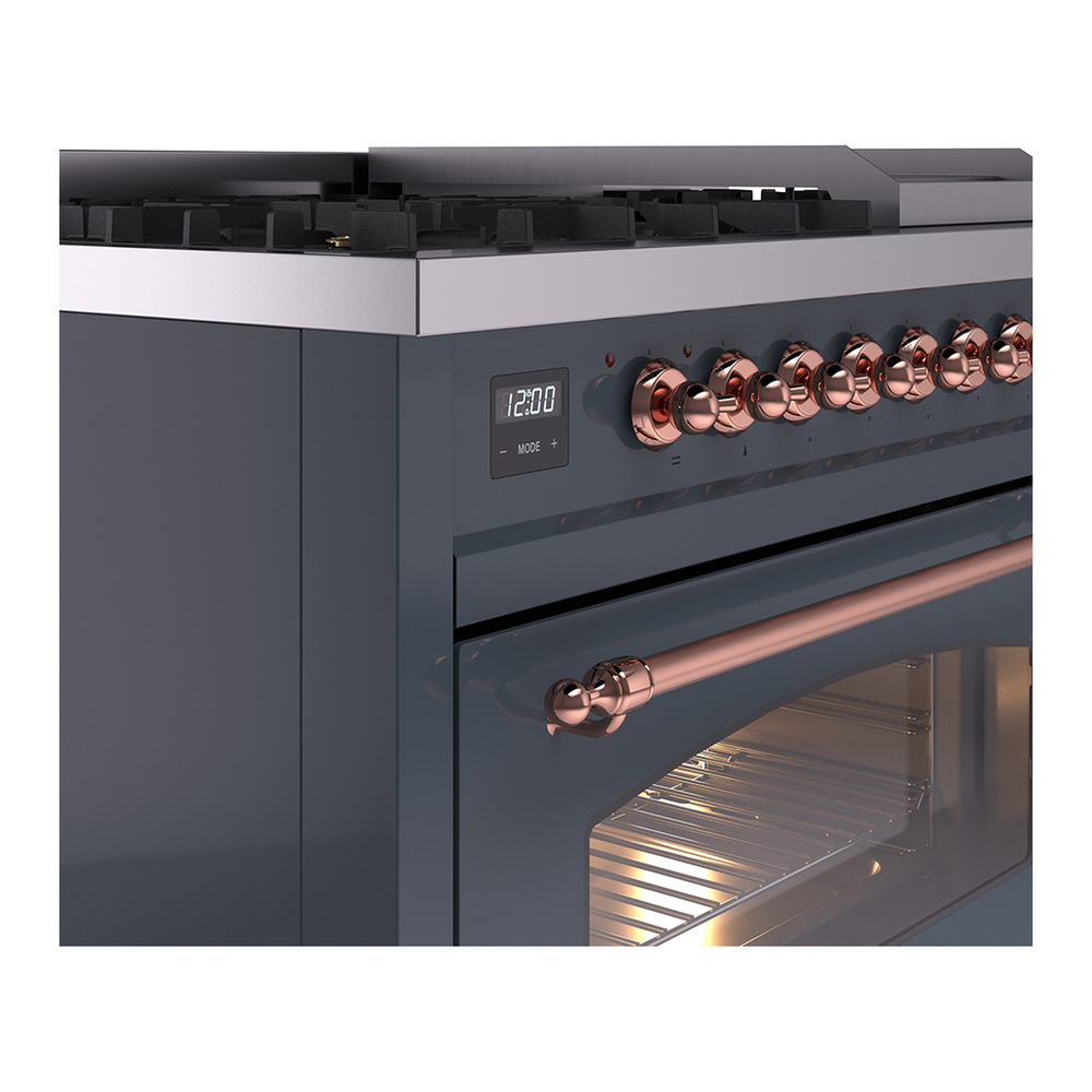 ILVE UP48FNMPBGP Nostalgie II 48 inch Dual Fuel Range with 5.02 cu. ft. Total Double Oven Capacity (8 Sealed Burners + Griddle, Natural Gas, Triple Glass Door, Blue Grey, Copper) 9 ILVE_UP48FNMPBGP_Nostalgie_II_48"_Dual_Fuel_Range_details
