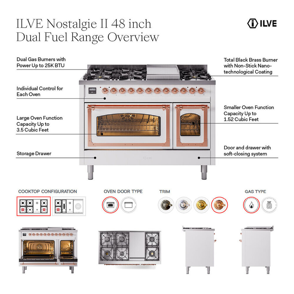 ILVE UP48FNMPBKBLP Nostalgie II 48 inch Dual Fuel Range with 5.02 cu. ft. Total Double Oven Capacity (8 Sealed Burners + Griddle, Liquid Propane, Triple Glass Door, Glossy Black, Burnished) 2 ILVE UP48F Nostalgie II 48 inch Dual Fuel Range