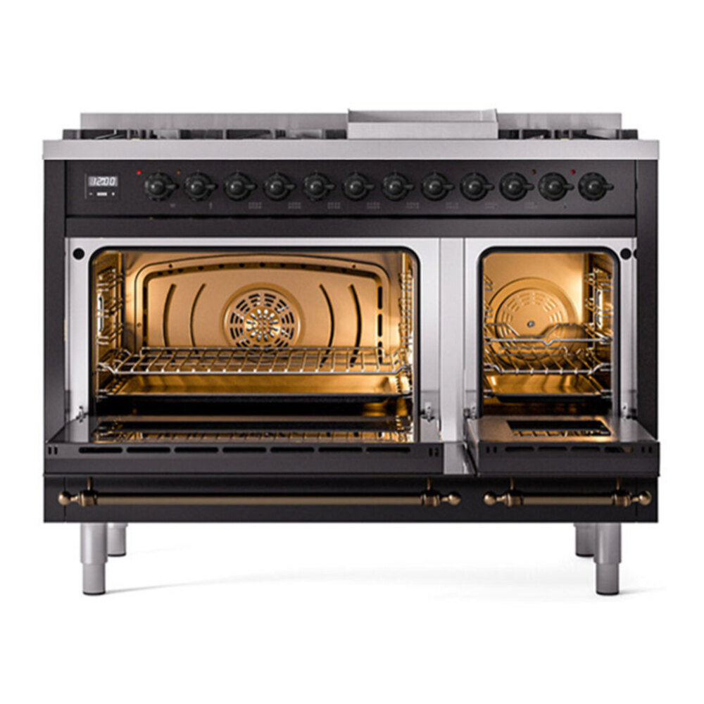 ILVE UP48FNMPBKB Nostalgie II 48 inch Dual Fuel Range with 5.02 cu. ft. Total Double Oven Capacity (8 Sealed Burners + Griddle, Natural Gas, Triple Glass Door, Glossy Black, Burnished) 5 ILVE UP48F Nostalgie II 48 inch Dual Fuel Range with 5.02 cu. ft. Total Double Oven Capacity