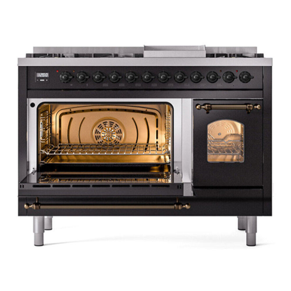 ILVE UP48FNMPBKB Nostalgie II 48 inch Dual Fuel Range with 5.02 cu. ft. Total Double Oven Capacity (8 Sealed Burners + Griddle, Natural Gas, Triple Glass Door, Glossy Black, Burnished) 6 ILVE UP48F Nostalgie II 48 inch Dual Fuel Range with 5.02 cu. ft. Total Double Oven Capacity