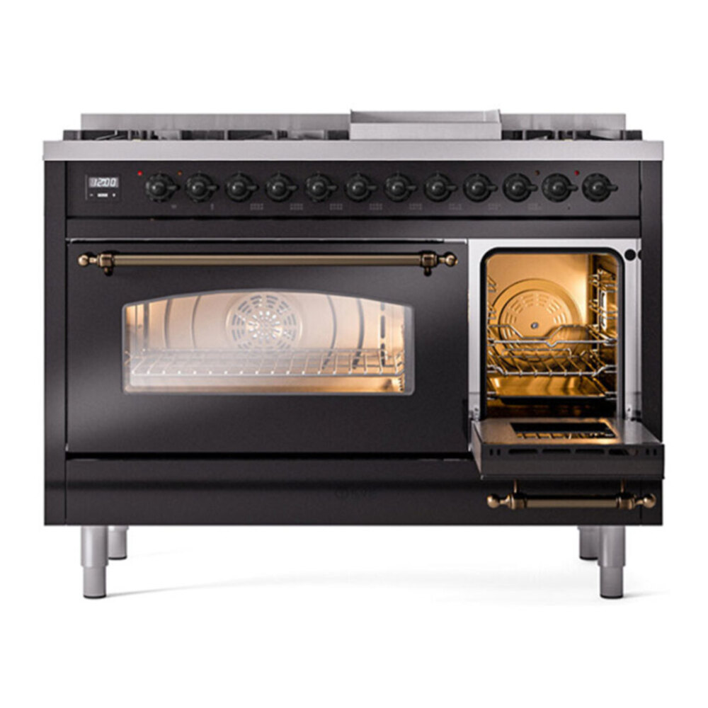 ILVE UP48FNMPBKB Nostalgie II 48 inch Dual Fuel Range with 5.02 cu. ft. Total Double Oven Capacity (8 Sealed Burners + Griddle, Natural Gas, Triple Glass Door, Glossy Black, Burnished) 7 ILVE UP48F Nostalgie II 48 inch Dual Fuel Range with 5.02 cu. ft. Total Double Oven Capacity