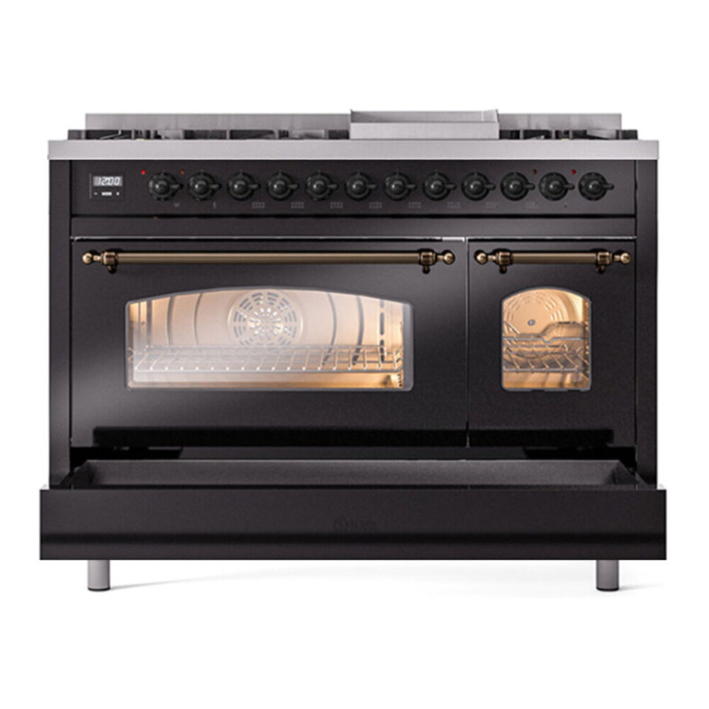 ILVE UP48FNMPBKB Nostalgie II 48 inch Dual Fuel Range with 5.02 cu. ft. Total Double Oven Capacity (8 Sealed Burners + Griddle, Natural Gas, Triple Glass Door, Glossy Black, Burnished) 8 ILVE UP48F Nostalgie II 48 inch Dual Fuel Range with 5.02 cu. ft. Total Double Oven Capacity