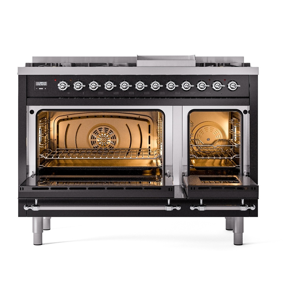 ILVE UP48FNMPBKCLP Nostalgie II 48 inch Dual Fuel Range with 5.02 cu. ft. Total Double Oven Capacity (8 Sealed Burners + Griddle, Liquid Propane, Triple Glass Door, Glossy Black, Chrome) 5 ILVE_UP48FNMPBKCLP_Nostalgie_II_48"_Dual_Fuel_Range_oven_door_opened