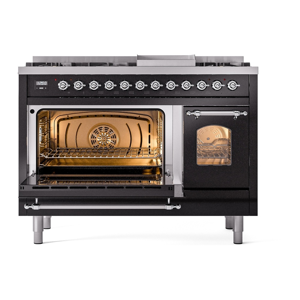 ILVE UP48FNMPBKCLP Nostalgie II 48 inch Dual Fuel Range with 5.02 cu. ft. Total Double Oven Capacity (8 Sealed Burners + Griddle, Liquid Propane, Triple Glass Door, Glossy Black, Chrome) 6 ILVE_UP48FNMPBKCLP_Nostalgie_II_48"_Dual_Fuel_Range_main_oven_door_opened