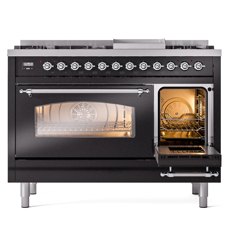 ILVE_UP48FNMPBKCLP_Nostalgie_II_48"_Dual_Fuel_Range_side_oven_door_opened