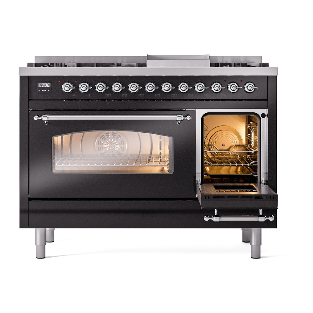 ILVE UP48FNMPBKCLP Nostalgie II 48 inch Dual Fuel Range with 5.02 cu. ft. Total Double Oven Capacity (8 Sealed Burners + Griddle, Liquid Propane, Triple Glass Door, Glossy Black, Chrome) 7 ILVE_UP48FNMPBKCLP_Nostalgie_II_48"_Dual_Fuel_Range_side_oven_door_opened