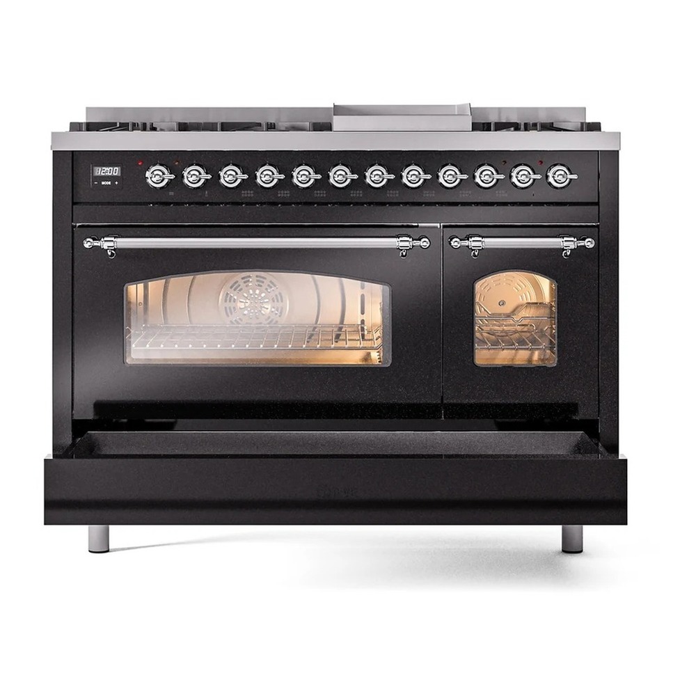 ILVE UP48FNMPBKCLP Nostalgie II 48 inch Dual Fuel Range with 5.02 cu. ft. Total Double Oven Capacity (8 Sealed Burners + Griddle, Liquid Propane, Triple Glass Door, Glossy Black, Chrome) 8 ILVE_UP48FNMPBKCLP_Nostalgie_II_48"_Dual_Fuel_Range_drawer_opened
