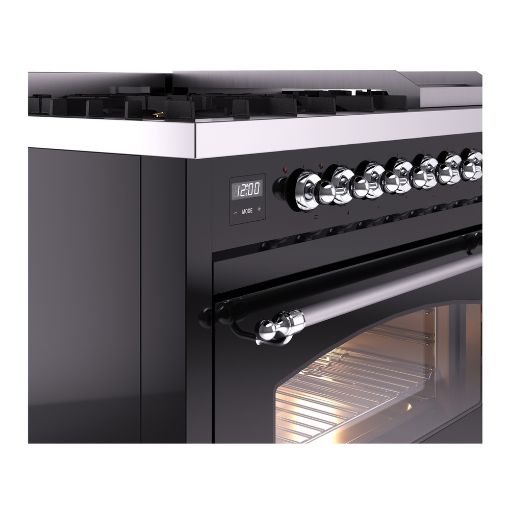 ILVE UP48FNMPBKCLP Nostalgie II 48 inch Dual Fuel Range with 5.02 cu. ft. Total Double Oven Capacity (8 Sealed Burners + Griddle, Liquid Propane, Triple Glass Door, Glossy Black, Chrome) 9 ILVE_UP48FNMPBKCLP_Nostalgie_II_48"_Dual_Fuel_Range_details