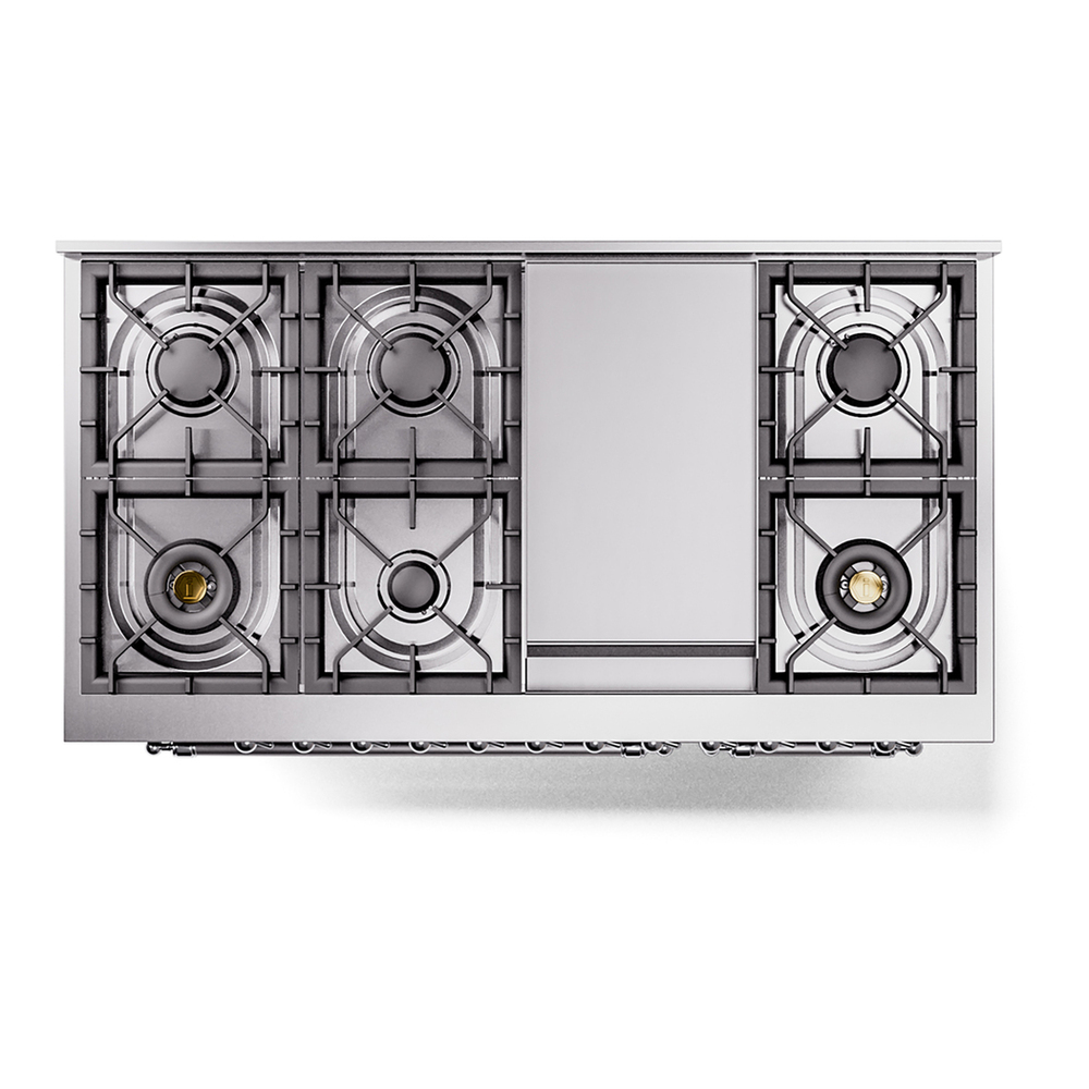 ILVE UP48FNMPBKCLP Nostalgie II 48 inch Dual Fuel Range with 5.02 cu. ft. Total Double Oven Capacity (8 Sealed Burners + Griddle, Liquid Propane, Triple Glass Door, Glossy Black, Chrome) 10 ILVE_UP48FNMPBKCLP_Nostalgie_II_48"_Dual_Fuel_Range_top_view