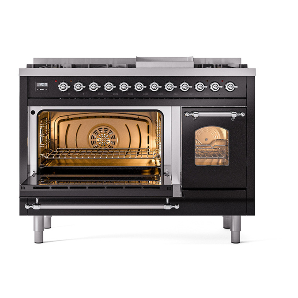 ILVE UP48FNMPBKC Nostalgie II 48 inch Dual Fuel Range with 5.02 cu. ft. Total Double Oven Capacity (8 Sealed Burners + Griddle, Natural Gas, Triple Glass Door, Glossy Black, Chrome) 6 ILVE_UP48FNMPBKC_Nostalgie_II_48"_Dual_Fuel_Range_main_oven_door_opened