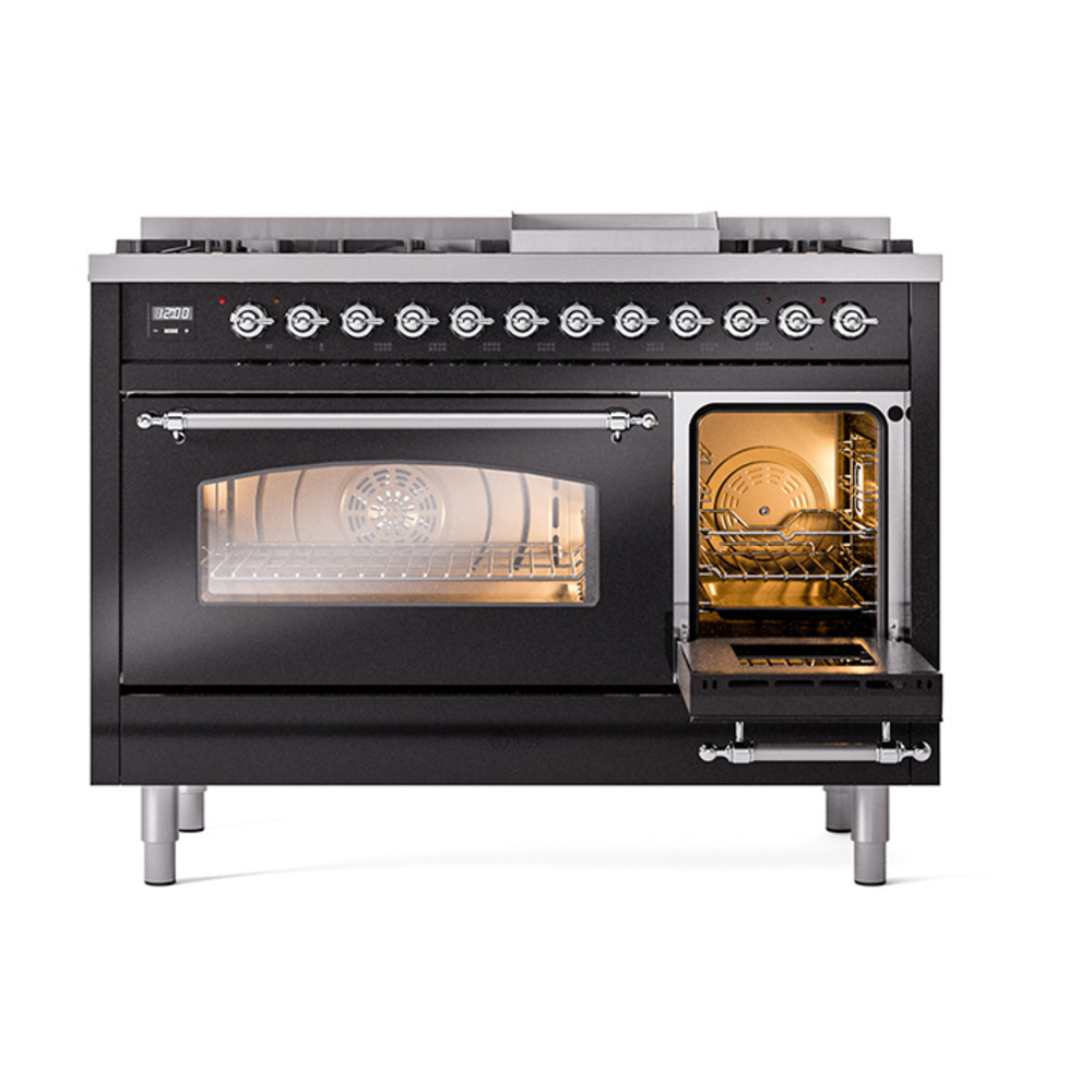 ILVE_UP48FNMPBKC_Nostalgie_II_48"_Dual_Fuel_Range_side_oven_door_opened