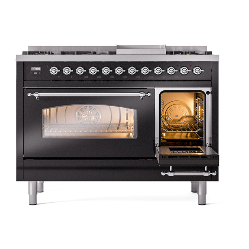 ILVE UP48FNMPBKC Nostalgie II 48 inch Dual Fuel Range with 5.02 cu. ft. Total Double Oven Capacity (8 Sealed Burners + Griddle, Natural Gas, Triple Glass Door, Glossy Black, Chrome) 7 ILVE_UP48FNMPBKC_Nostalgie_II_48"_Dual_Fuel_Range_side_oven_door_opened