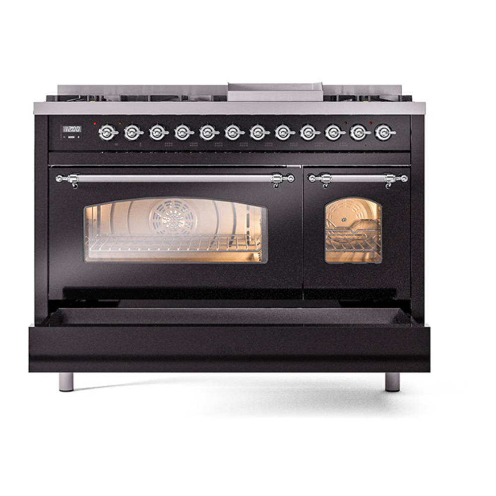 ILVE UP48FNMPBKC Nostalgie II 48 inch Dual Fuel Range with 5.02 cu. ft. Total Double Oven Capacity (8 Sealed Burners + Griddle, Natural Gas, Triple Glass Door, Glossy Black, Chrome) 8 ILVE_UP48FNMPBKC_Nostalgie_II_48"_Dual_Fuel_Range_drawer_opened