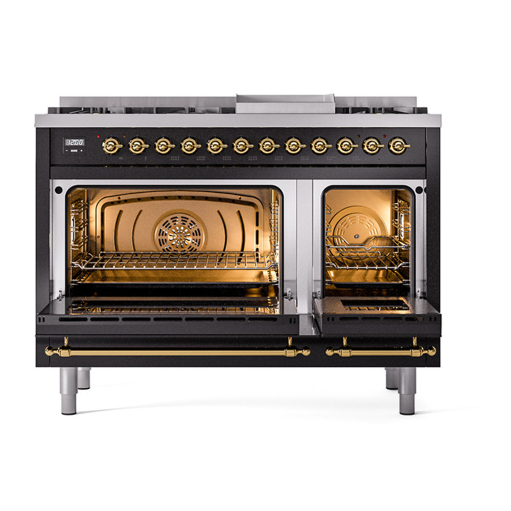ILVE UP48FNMPBKGLP Nostalgie II 48 inch Dual Fuel Range with 5.02 cu. ft. Total Double Oven Capacity (8 Sealed Burners + Griddle, Liquid Propane, Triple Glass Door, Glossy Black, Brass) 5 ILVE_UP48FNMPBKGLP_Nostalgie_II_48"_Dual_Fuel_Range_oven_door_opened