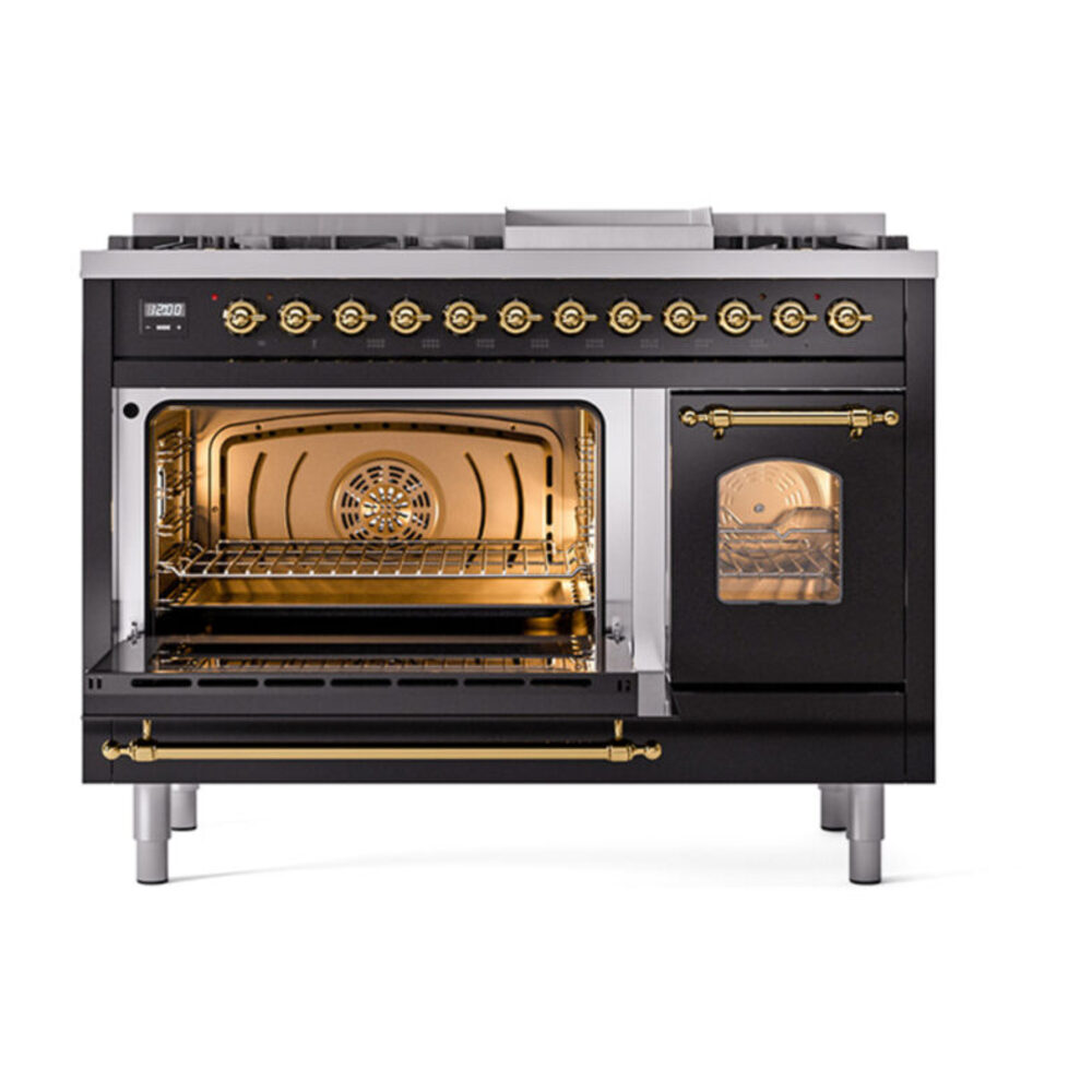 ILVE_UP48FNMPBKGLP_Nostalgie_II_48"_Dual_Fuel_Range_main_oven_door_opened