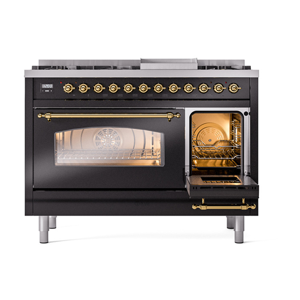 ILVE_UP48FNMPBKGLP_Nostalgie_II_48"_Dual_Fuel_Range_side_oven_door_opened