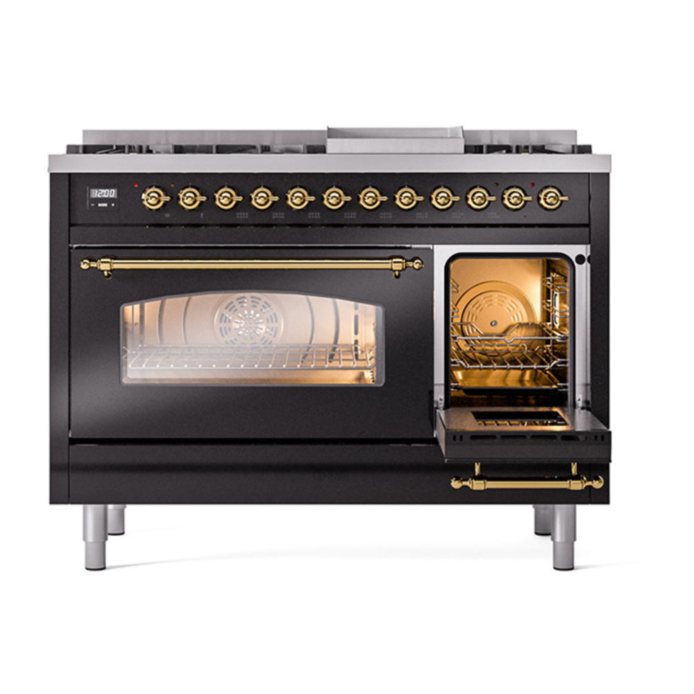 ILVE UP48FNMPBKGLP Nostalgie II 48 inch Dual Fuel Range with 5.02 cu. ft. Total Double Oven Capacity (8 Sealed Burners + Griddle, Liquid Propane, Triple Glass Door, Glossy Black, Brass) 7 ILVE_UP48FNMPBKGLP_Nostalgie_II_48"_Dual_Fuel_Range_side_oven_door_opened