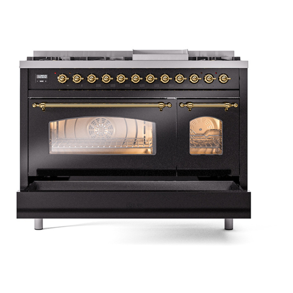 ILVE UP48FNMPBKGLP Nostalgie II 48 inch Dual Fuel Range with 5.02 cu. ft. Total Double Oven Capacity (8 Sealed Burners + Griddle, Liquid Propane, Triple Glass Door, Glossy Black, Brass) 8 ILVE_UP48FNMPBKGLP_Nostalgie_II_48"_Dual_Fuel_Range_details