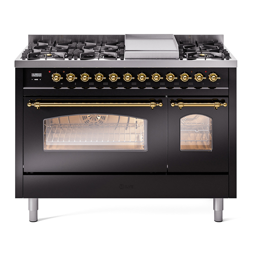 ILVE UP48FNMPBKG Nostalgie II 48 inch Dual Fuel Range with 5.02 cu. ft. Total Double Oven Capacity (8 Sealed Burners + Griddle, Natural Gas, Triple Glass Door, Glossy Black, Brass) 1 UP48FNMPBKG