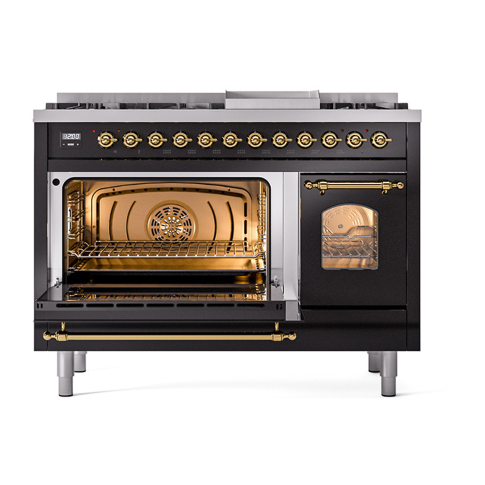 ILVE UP48FNMPBKG Nostalgie II 48 inch Dual Fuel Range with 5.02 cu. ft. Total Double Oven Capacity (8 Sealed Burners + Griddle, Natural Gas, Triple Glass Door, Glossy Black, Brass) 6 ILVE_UP48FNMPBKG_Nostalgie_II_48"_Dual_Fuel_Range_main_oven_door_opened