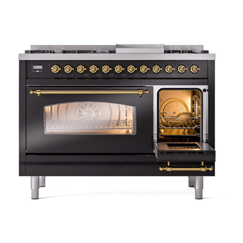 ILVE_UP48FNMPBKG_Nostalgie_II_48"_Dual_Fuel_Range_side_oven_door_opened