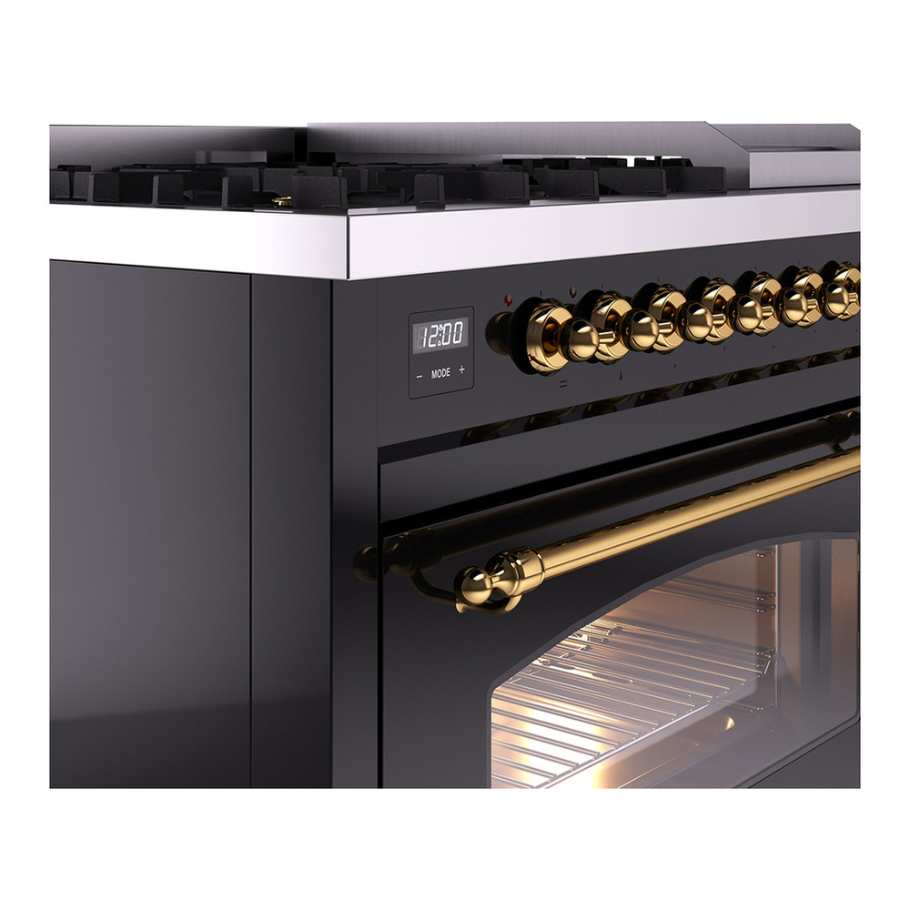 ILVE UP48FNMPBKG Nostalgie II 48 inch Dual Fuel Range with 5.02 cu. ft. Total Double Oven Capacity (8 Sealed Burners + Griddle, Natural Gas, Triple Glass Door, Glossy Black, Brass) 9 ILVE_UP48FNMPBKG_Nostalgie_II_48"_Dual_Fuel_Range_details