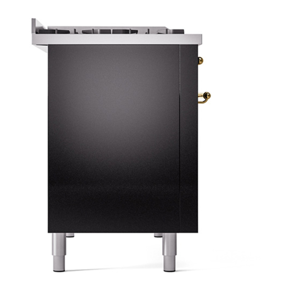ILVE UP48FNMPBKG Nostalgie II 48 inch Dual Fuel Range with 5.02 cu. ft. Total Double Oven Capacity (8 Sealed Burners + Griddle, Natural Gas, Triple Glass Door, Glossy Black, Brass) 11 ILVE_UP48FNMPBKG_Nostalgie_II_48"_Dual_Fuel_Range_left_side