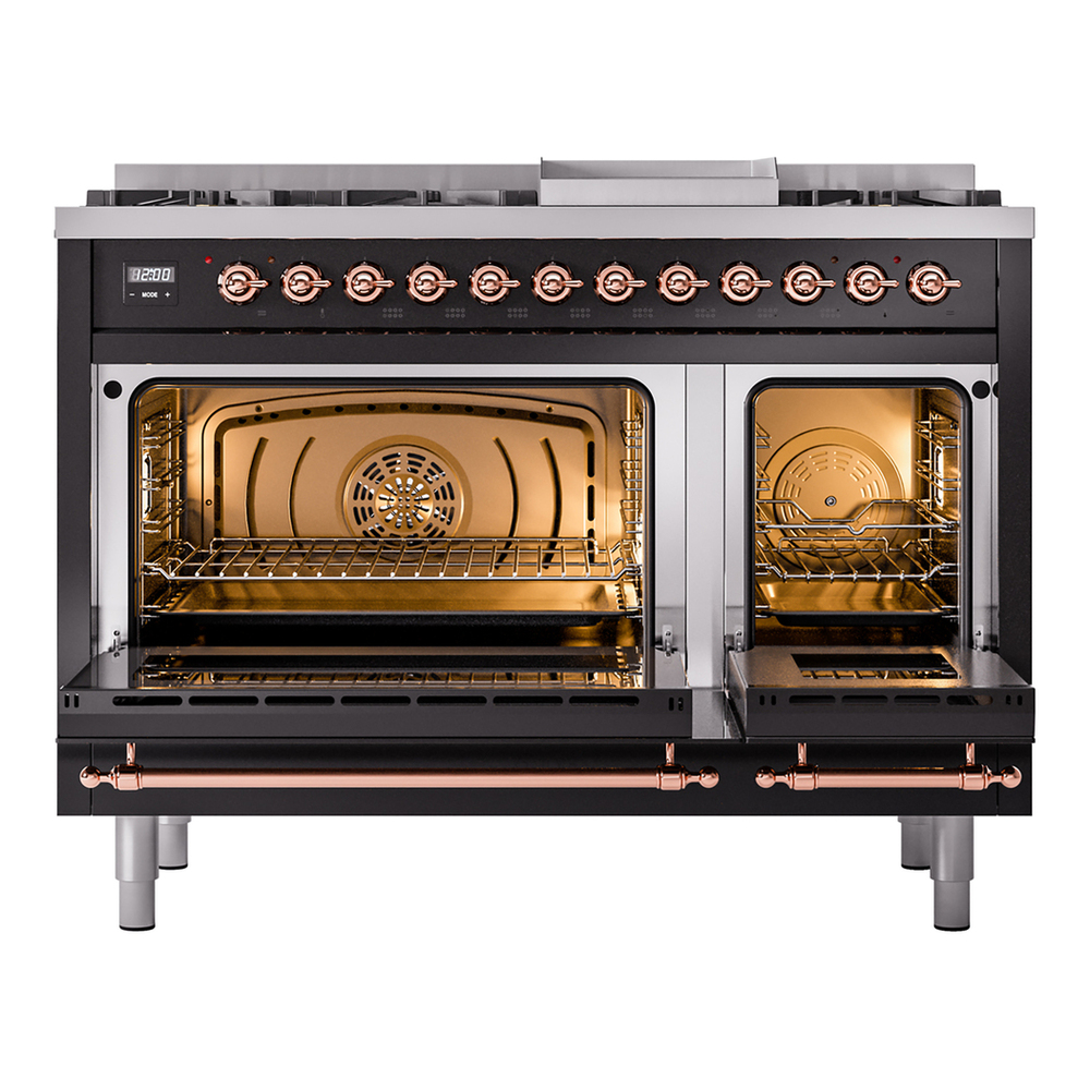 ILVE UP48FNMPBKPLP Nostalgie II 48 inch Dual Fuel Range with 5.02 cu. ft. Total Double Oven Capacity (8 Sealed Burners + Griddle, Liquid Propane, Triple Glass Door, Glossy Black, Copper) 5 ILVE_UP48FNMPBKPLP_Nostalgie_II_48"_Dual_Fuel_Range_oven_door_opened