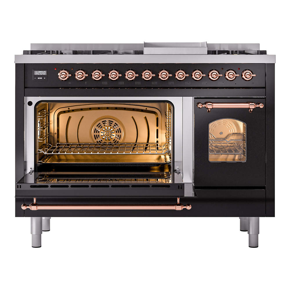 ILVE UP48FNMPBKPLP Nostalgie II 48 inch Dual Fuel Range with 5.02 cu. ft. Total Double Oven Capacity (8 Sealed Burners + Griddle, Liquid Propane, Triple Glass Door, Glossy Black, Copper) 6 ILVE_UP48FNMPBKPLP_Nostalgie_II_48"_Dual_Fuel_Range_main_oven_door_opened