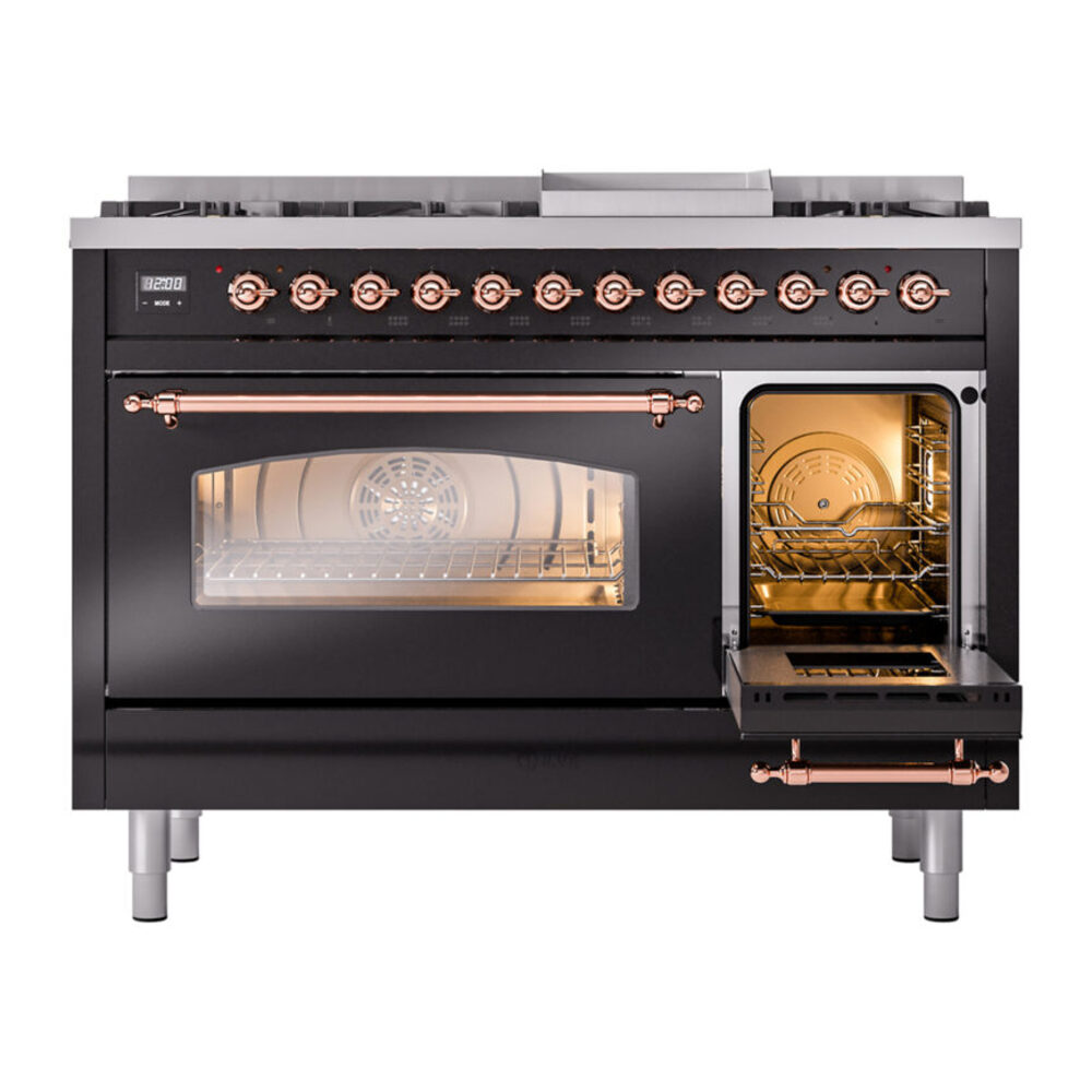 ILVE_UP48FNMPBKPLP_Nostalgie_II_48"_Dual_Fuel_Range_side_oven_door_opened
