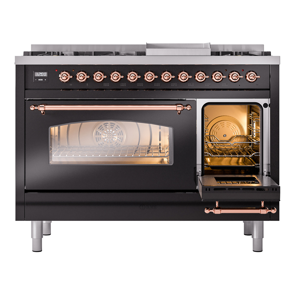 ILVE UP48FNMPBKPLP Nostalgie II 48 inch Dual Fuel Range with 5.02 cu. ft. Total Double Oven Capacity (8 Sealed Burners + Griddle, Liquid Propane, Triple Glass Door, Glossy Black, Copper) 7 ILVE_UP48FNMPBKPLP_Nostalgie_II_48"_Dual_Fuel_Range_side_oven_door_opened