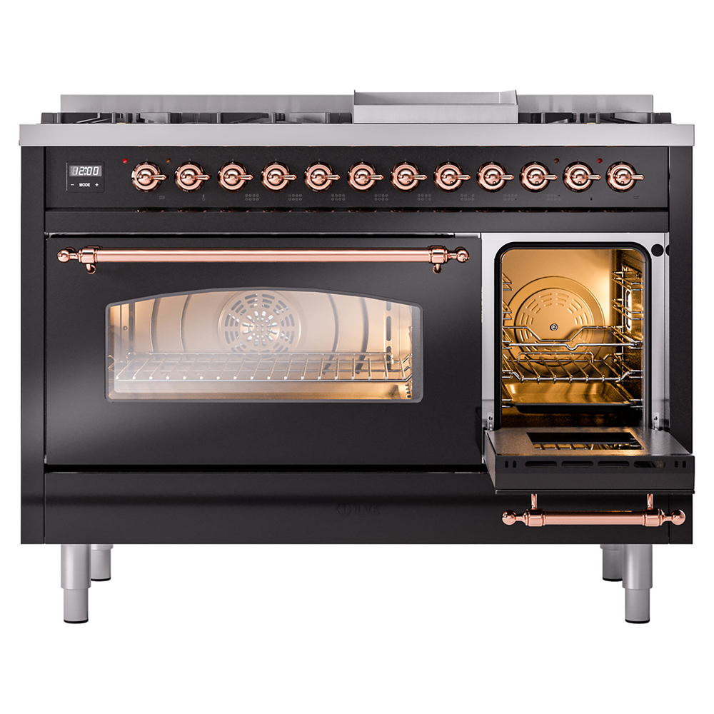 ILVE_UP48FNMPBKPLP_Nostalgie_II_48"_Dual_Fuel_Range_side_oven_door_opened