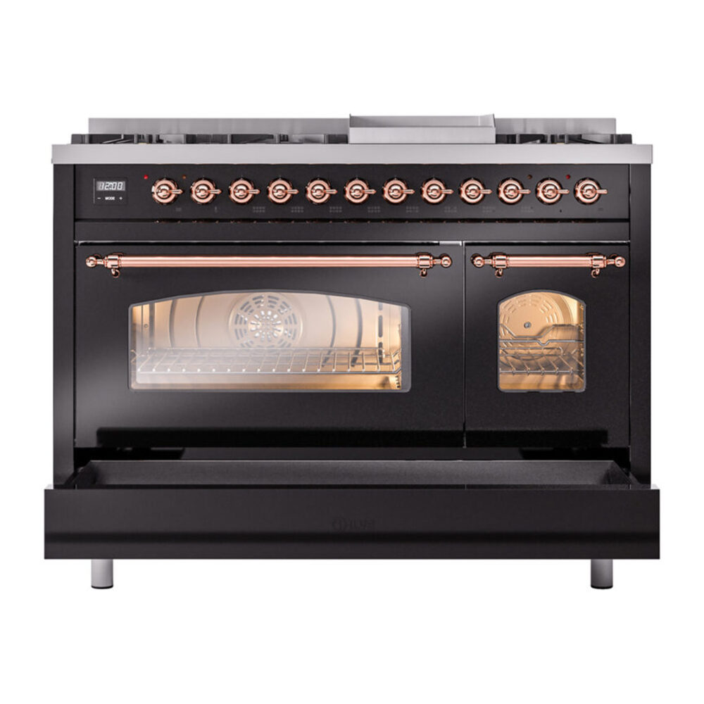 ILVE_UP48FNMPBKPLP_Nostalgie_II_48"_Dual_Fuel_Range_drawer_opened