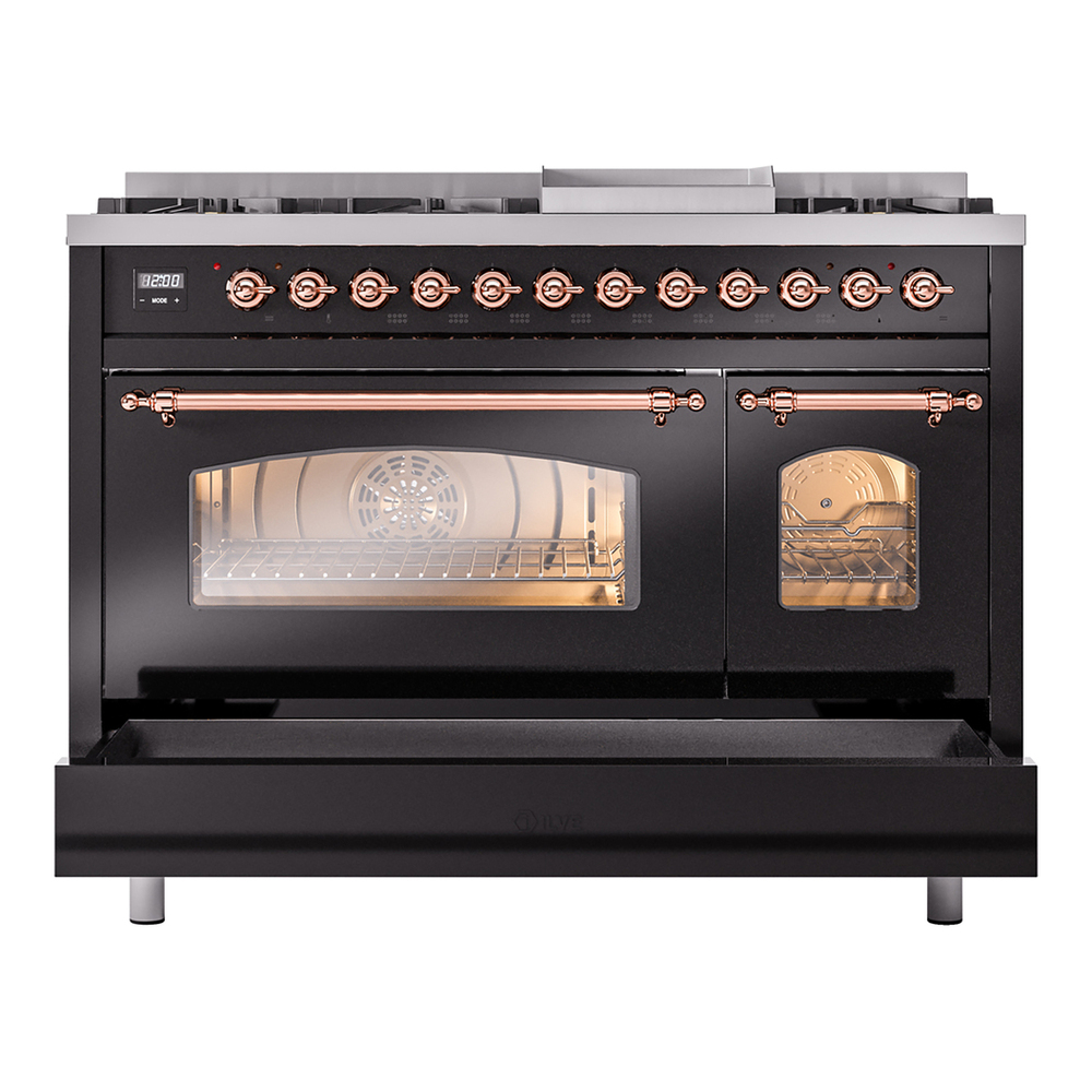 ILVE UP48FNMPBKPLP Nostalgie II 48 inch Dual Fuel Range with 5.02 cu. ft. Total Double Oven Capacity (8 Sealed Burners + Griddle, Liquid Propane, Triple Glass Door, Glossy Black, Copper) 8 ILVE_UP48FNMPBKPLP_Nostalgie_II_48"_Dual_Fuel_Range_drawer_opened