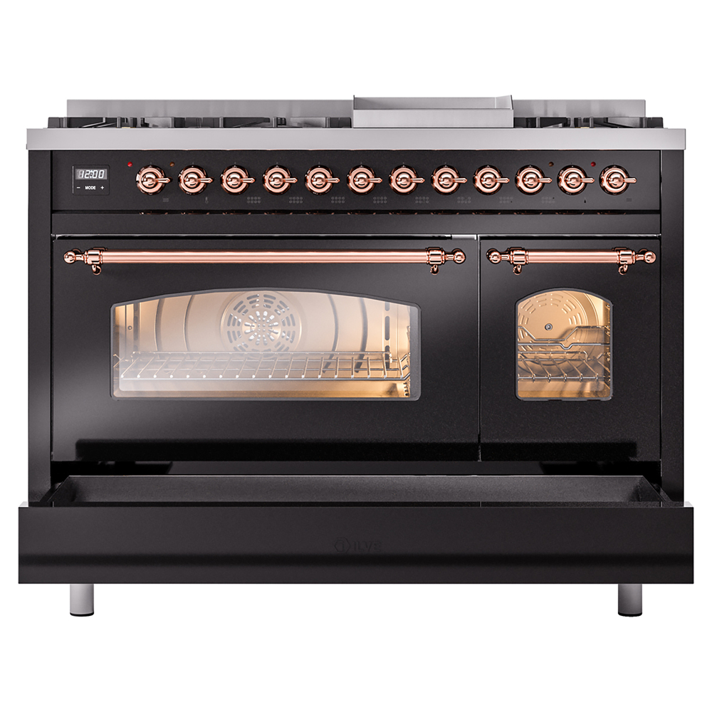 ILVE_UP48FNMPBKPLP_Nostalgie_II_48"_Dual_Fuel_Range_drawer_opened