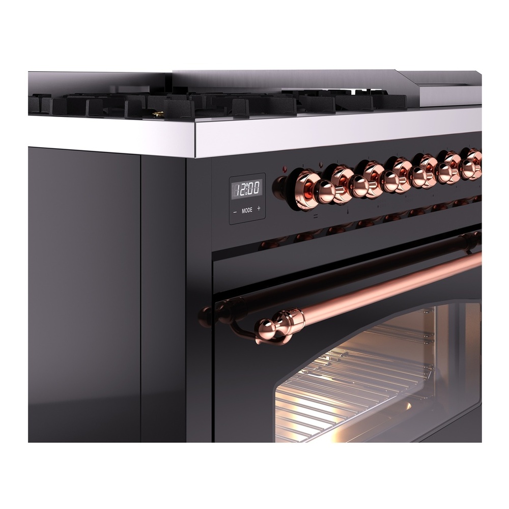 ILVE UP48FNMPBKPLP Nostalgie II 48 inch Dual Fuel Range with 5.02 cu. ft. Total Double Oven Capacity (8 Sealed Burners + Griddle, Liquid Propane, Triple Glass Door, Glossy Black, Copper) 9 ILVE_UP48FNMPBKPLP_Nostalgie_II_48"_Dual_Fuel_Range_details