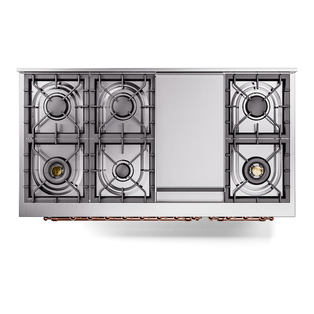 ILVE UP48FNMPBKPLP Nostalgie II 48 inch Dual Fuel Range with 5.02 cu. ft. Total Double Oven Capacity (8 Sealed Burners + Griddle, Liquid Propane, Triple Glass Door, Glossy Black, Copper) 10 ILVE_UP48FNMPBKPLP_Nostalgie_II_48"_Dual_Fuel_Range_top_view