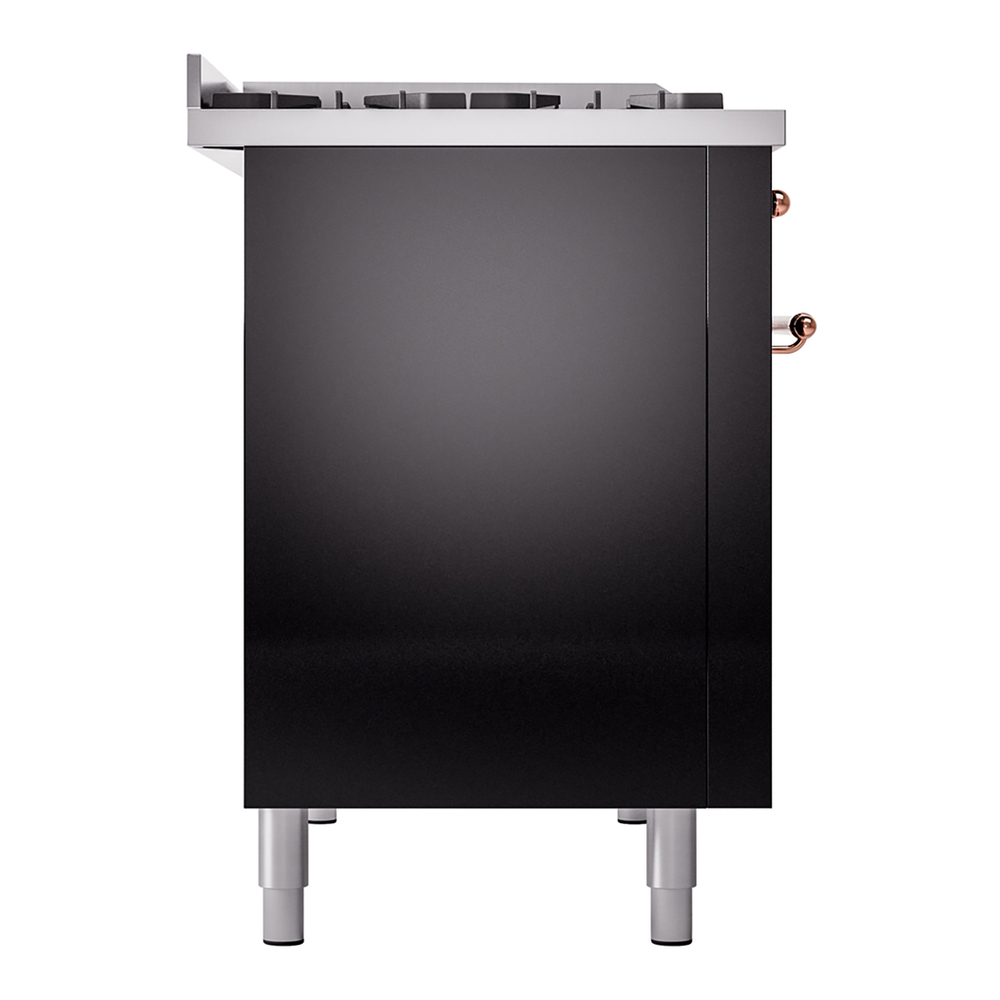 ILVE UP48FNMPBKPLP Nostalgie II 48 inch Dual Fuel Range with 5.02 cu. ft. Total Double Oven Capacity (8 Sealed Burners + Griddle, Liquid Propane, Triple Glass Door, Glossy Black, Copper) 11 ILVE_UP48FNMPBKPLP_Nostalgie_II_48"_Dual_Fuel_Range_left_side