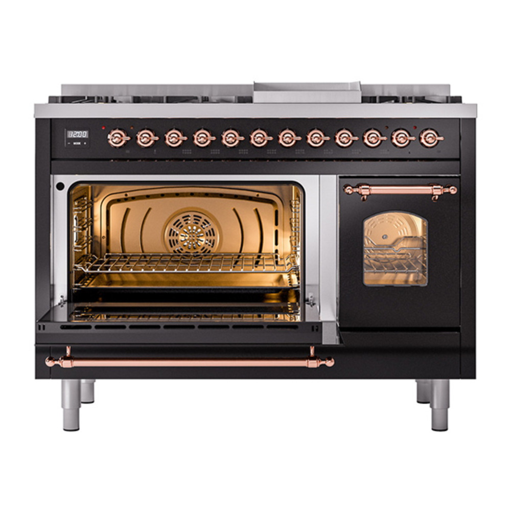 ILVE UP48FNMPBKP Nostalgie II 48 inch Dual Fuel Range with 5.02 cu. ft. Total Double Oven Capacity (8 Sealed Burners + Griddle, Natural Gas, Triple Glass Door, Glossy Black, Copper) 6 ILVE_UP48FNMPBKP_Nostalgie_II_48"_Dual_Fuel_Range_main_oven_door_opened