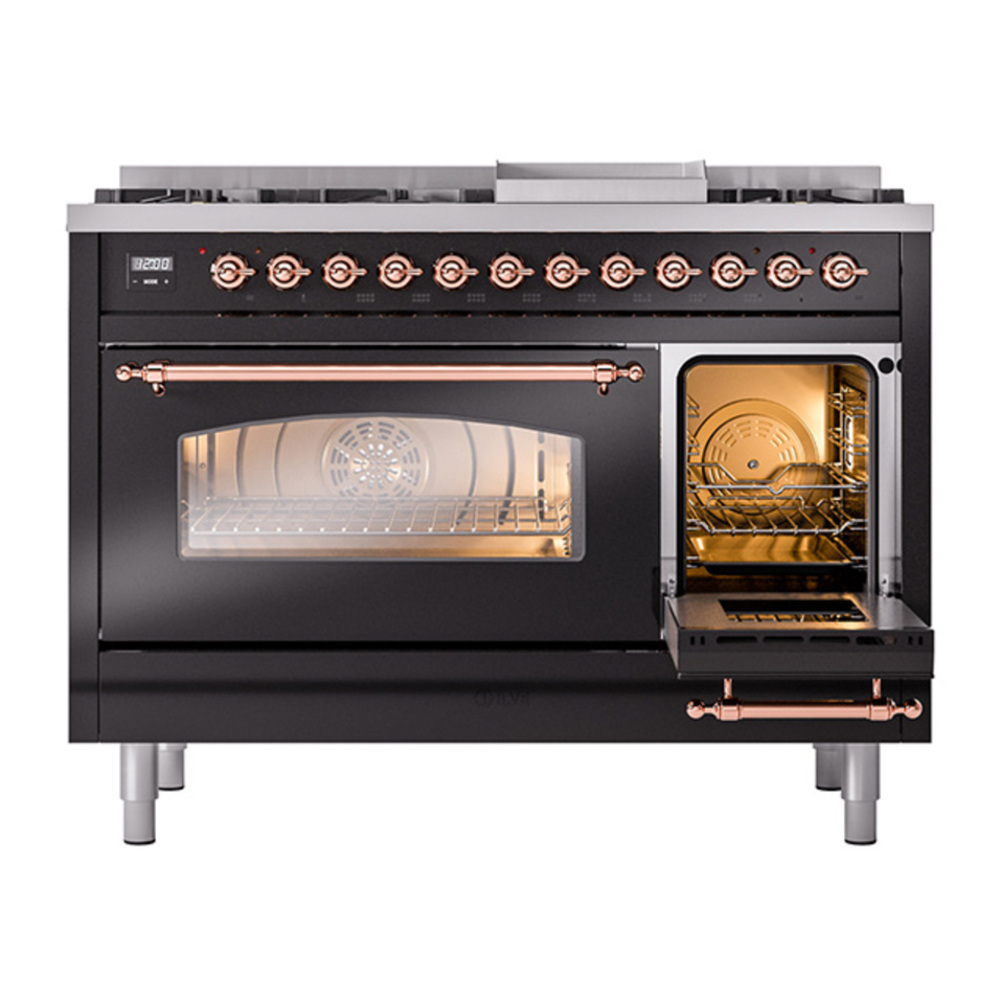 ILVE UP48FNMPBKP Nostalgie II 48 inch Dual Fuel Range with 5.02 cu. ft. Total Double Oven Capacity (8 Sealed Burners + Griddle, Natural Gas, Triple Glass Door, Glossy Black, Copper) 7 ILVE_UP48FNMPBKP_Nostalgie_II_48"_Dual_Fuel_Range_side_oven_door_opened