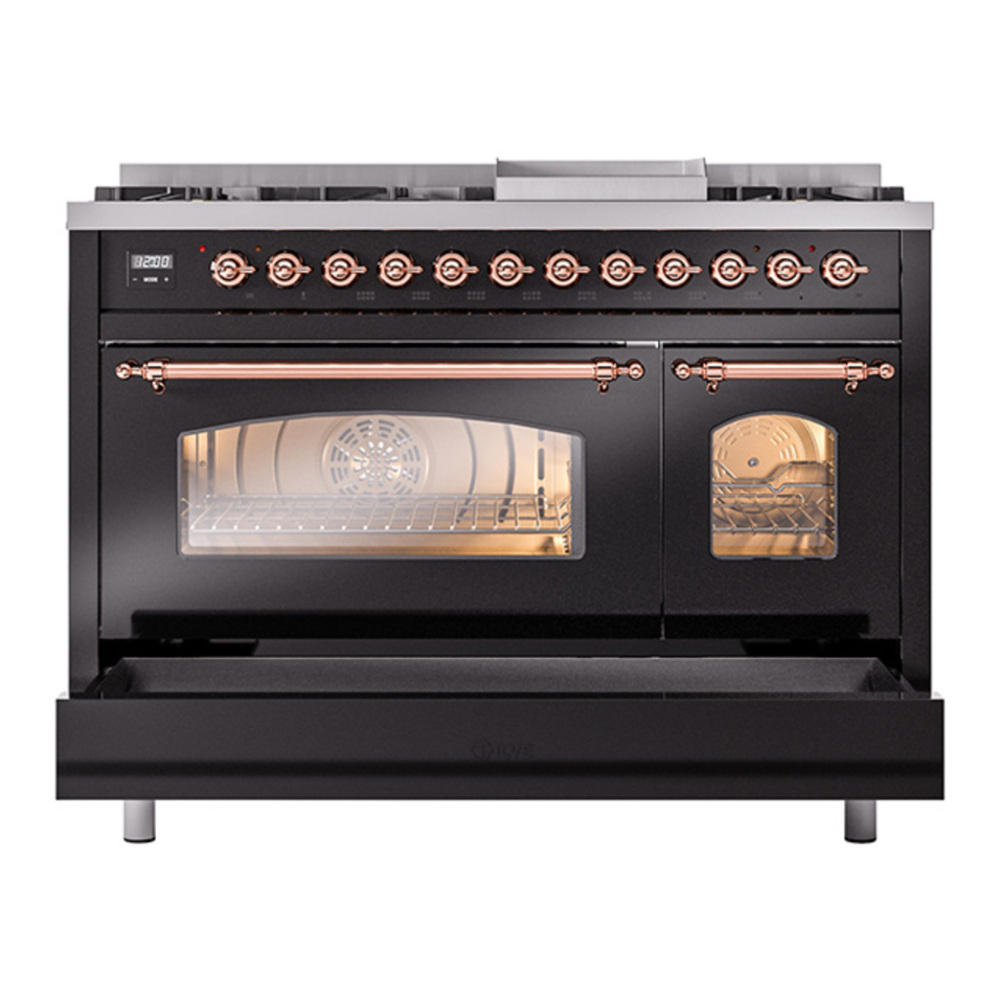 ILVE UP48FNMPBKP Nostalgie II 48 inch Dual Fuel Range with 5.02 cu. ft. Total Double Oven Capacity (8 Sealed Burners + Griddle, Natural Gas, Triple Glass Door, Glossy Black, Copper) 8 ILVE_UP48FNMPBKP_Nostalgie_II_48"_Dual_Fuel_Range_drawer_opened