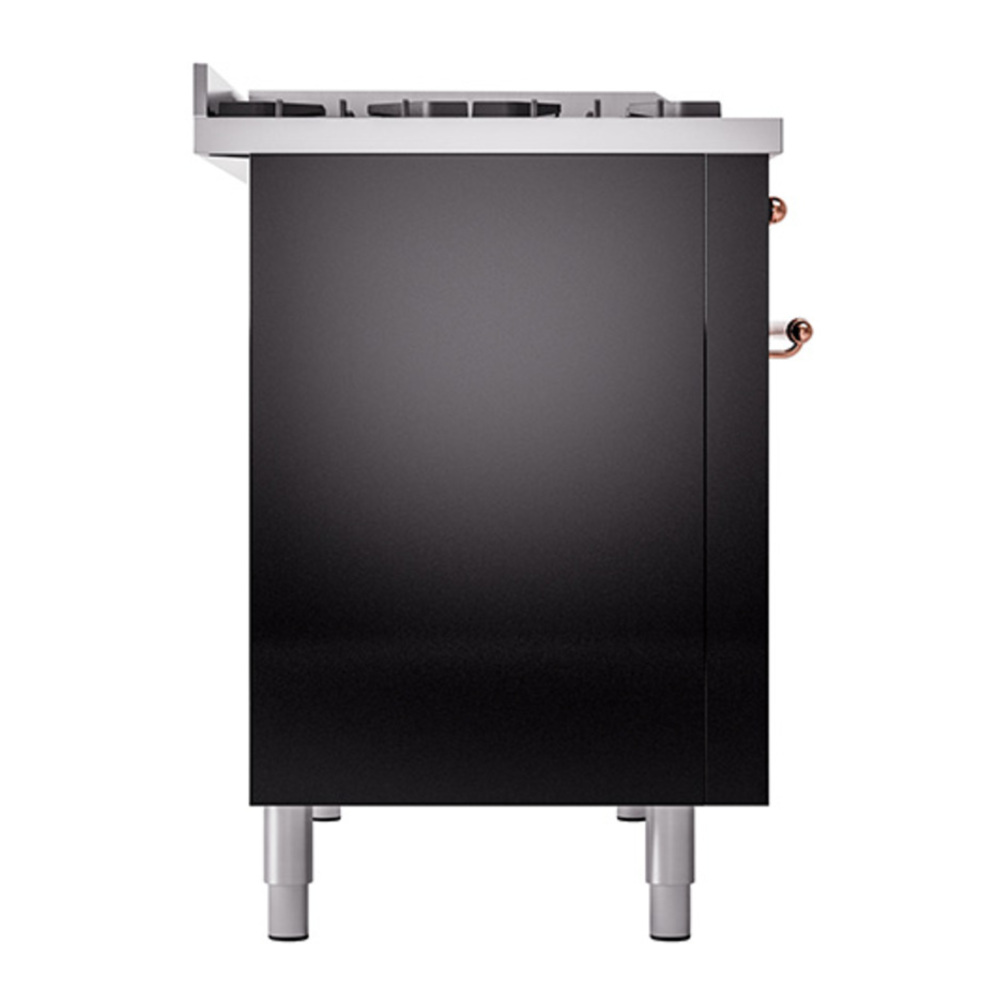 ILVE UP48FNMPBKP Nostalgie II 48 inch Dual Fuel Range with 5.02 cu. ft. Total Double Oven Capacity (8 Sealed Burners + Griddle, Natural Gas, Triple Glass Door, Glossy Black, Copper) 11 ILVE_UP48FNMPBKP_Nostalgie_II_48"_Dual_Fuel_Range_left_side