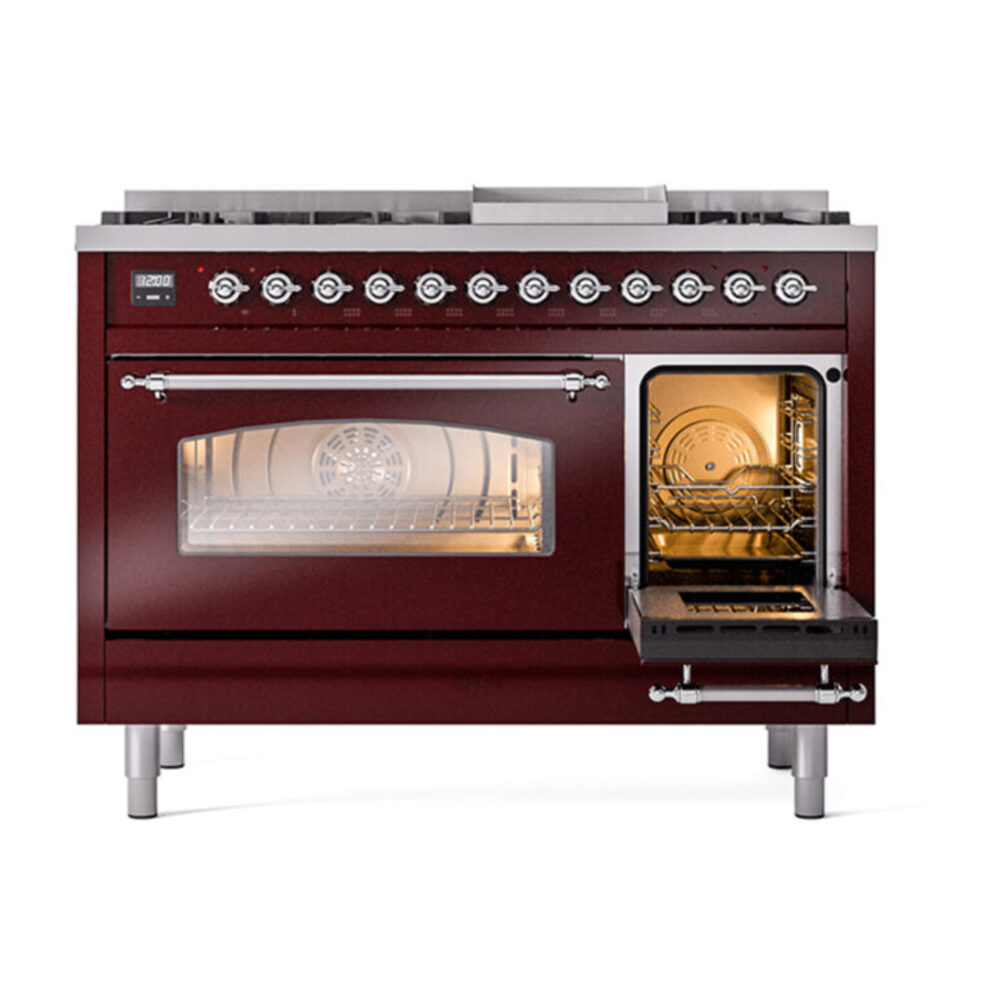 ILVE_UP48FNMPBUCLP_Nostalgie_II_48"_Dual_Fuel_Range_side_oven_door_opened
